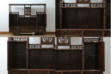 和製ビンテージ　紫檀(シタン)材　優雅な花鳥図の彫刻と上品な透かし彫りが目を引く飾り棚(茶棚、違い棚、収納棚、戸棚、ヴィンテージ)(定価約140万円)(R-077844)