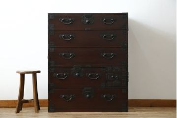 和製アンティーク　明治大正期　縁起物の巾着金具が魅力的な松本衣装箪笥(時代箪笥、和たんす、収納タンス、チェスト、引き出し)(R-077849)