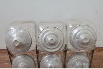 和製アンティーク　ノスタルジックな雰囲気漂う6連菓子瓶(ボトルラック、ガラス瓶、菓子びん、菓子ビン、ディスプレイ雑貨、店舗什器)(R-077852)