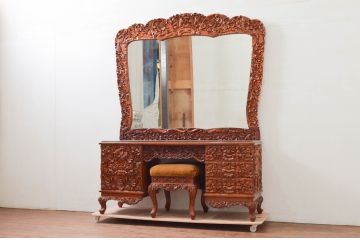 中古　アジア民芸家具　大迫力!!　チーク材　全面彫刻が煌びやかな最高級ドレッサーセット(化粧台、鏡台、ミラー、バロン、Barong)(R-077860)