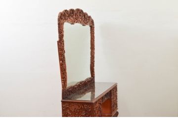 中古　アジア民芸家具　大迫力!!　チーク材　全面彫刻が煌びやかな最高級ドレッサーセット(化粧台、鏡台、ミラー、バロン、Barong)(R-077860)
