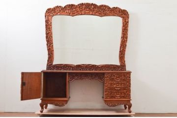 中古　アジア民芸家具　大迫力!!　チーク材　全面彫刻が煌びやかな最高級ドレッサーセット(化粧台、鏡台、ミラー、バロン、Barong)(R-077860)