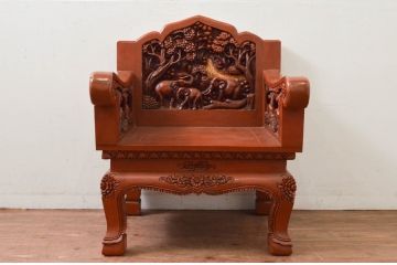 中古　アジア民芸家具　チーク材　草木と像の立派な彫刻をあしらった品格漂うアームチェア(板座チェア、一人掛けソファ、椅子、イス)(R-077863)