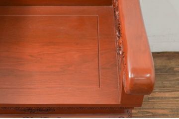 中古　アジア民芸家具　チーク材　草木と像の立派な彫刻をあしらった品格漂うアームチェア(板座チェア、一人掛けソファ、椅子、イス)(R-077863)