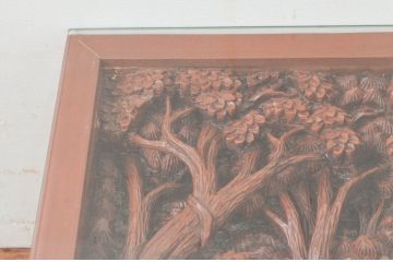 中古　アジア民芸家具　チーク材　草木と像の立派な彫刻をあしらった品格漂うサイドテーブル(ローテーブル、センターテーブル、花台、飾り台)(R-077865)