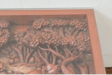 中古　アジア民芸家具　チーク材　草木と像の立派な彫刻をあしらった品格漂うサイドテーブル(ローテーブル、センターテーブル、花台、飾り台)(R-077866)