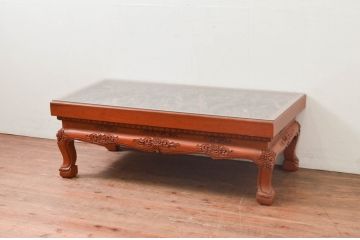 中古　アジア民芸家具　チーク材　草木と像の立派な彫刻をあしらった品格漂うローテーブル(座卓、センターテーブル、リビングテーブル)(R-077867)