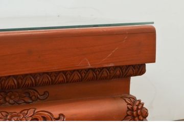 中古　アジア民芸家具　チーク材　草木と像の立派な彫刻をあしらった品格漂うローテーブル(座卓、センターテーブル、リビングテーブル)(R-077867)