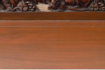 中古　アジア民芸家具　チーク材　草木と像の立派な彫刻をあしらった品格漂うベンチソファ(3人掛け、3P、板座チェア、長椅子、イス)(R-077868)