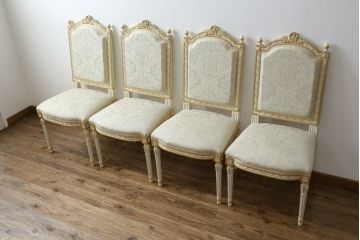 中古　イタリア高級家具　Mario Colciago&Figli(マリオ・コルチャゴ)　Fratelli Origgi(フラテッリ・オリッジ)　ロココ調　華やかな白が眩しいエレガントな雰囲気漂うチェア4脚セット(ダイニングチェア、サロンチェア、椅子、イス)(定価4脚で約95万円)(R-077876)