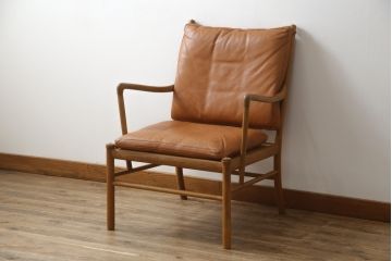 デンマークビンテージ　P.Jeppesen Mobelfabrik 　PJ Furniture(P.J.ファニチャー社)　Ole Wanscher(オーレ・ヴァンシャー) 　本革(レザー)　PJ149 Colonial Chair(コロニアルチェア)　ミッドセンチュリースタイルの空間づくりにおすすめのアームチェア(イージーチェア、1人掛けソファ、ヴィンテージ、北欧)(R-077899)