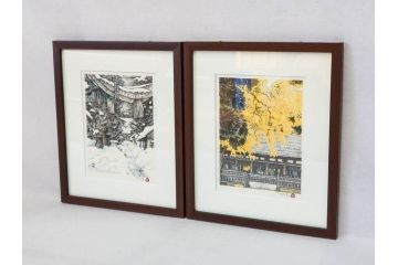 真作　橋本広喜　絵夢工房　サイン入り　墨彩画　色彩の濃淡が味わい深いリトグラフ2点セット(版画、風景画、版画、秋、冬、雪、銀杏、寺、壁掛け、額装)(R-077920)