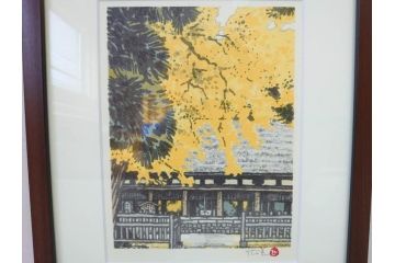 真作　橋本広喜　絵夢工房　サイン入り　墨彩画　色彩の濃淡が味わい深いリトグラフ2点セット(版画、風景画、版画、秋、冬、雪、銀杏、寺、壁掛け、額装)(R-077920)