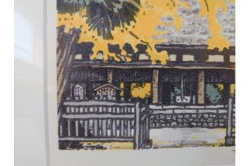 真作　橋本広喜　絵夢工房　サイン入り　墨彩画　色彩の濃淡が味わい深いリトグラフ2点セット(版画、風景画、版画、秋、冬、雪、銀杏、寺、壁掛け、額装)(R-077920)