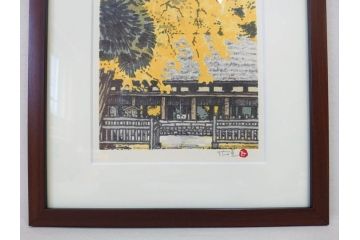 真作　橋本広喜　絵夢工房　サイン入り　墨彩画　色彩の濃淡が味わい深いリトグラフ2点セット(版画、風景画、版画、秋、冬、雪、銀杏、寺、壁掛け、額装)(R-077920)