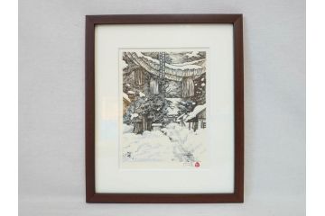 真作　橋本広喜　絵夢工房　サイン入り　墨彩画　色彩の濃淡が味わい深いリトグラフ2点セット(版画、風景画、版画、秋、冬、雪、銀杏、寺、壁掛け、額装)(R-077920)