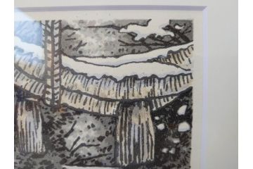 真作　橋本広喜　絵夢工房　サイン入り　墨彩画　色彩の濃淡が味わい深いリトグラフ2点セット(版画、風景画、版画、秋、冬、雪、銀杏、寺、壁掛け、額装)(R-077920)