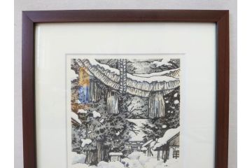 真作　橋本広喜　絵夢工房　サイン入り　墨彩画　色彩の濃淡が味わい深いリトグラフ2点セット(版画、風景画、版画、秋、冬、雪、銀杏、寺、壁掛け、額装)(R-077920)