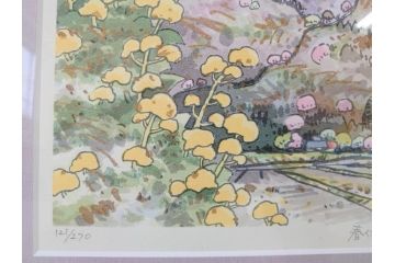 真作　1999年　橋本広喜　絵夢工房　サイン入り　「春イメージ」121/270　「夏イメージ」25/270　墨彩画　豊かな自然を感じられるリトグラフ2点セット(版画、風景画、花、山、水辺、田園、壁掛け、額装、外箱付き)(R-077921)