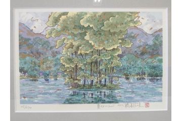 真作　1999年　橋本広喜　絵夢工房　サイン入り　「春イメージ」121/270　「夏イメージ」25/270　墨彩画　豊かな自然を感じられるリトグラフ2点セット(版画、風景画、花、山、水辺、田園、壁掛け、額装、外箱付き)(R-077921)