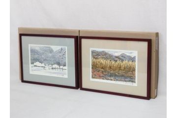 真作　1999年　橋本広喜　絵夢工房　サイン入り　「秋イメージ」144/270　「冬イメージ」177/270　墨彩画　豊かな自然を感じられるリトグラフ2点セット(版画、風景画、雪、紅葉、山、田舎、壁掛け、額装、外箱付き)(R-077922)