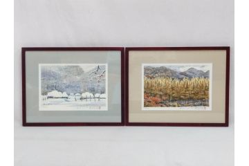 真作　1999年　橋本広喜　絵夢工房　サイン入り　「秋イメージ」144/270　「冬イメージ」177/270　墨彩画　豊かな自然を感じられるリトグラフ2点セット(版画、風景画、雪、紅葉、山、田舎、壁掛け、額装、外箱付き)(R-077922)