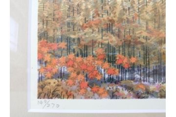 真作　1999年　橋本広喜　絵夢工房　サイン入り　「秋イメージ」144/270　「冬イメージ」177/270　墨彩画　豊かな自然を感じられるリトグラフ2点セット(版画、風景画、雪、紅葉、山、田舎、壁掛け、額装、外箱付き)(R-077922)