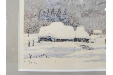 真作　1999年　橋本広喜　絵夢工房　サイン入り　「秋イメージ」144/270　「冬イメージ」177/270　墨彩画　豊かな自然を感じられるリトグラフ2点セット(版画、風景画、雪、紅葉、山、田舎、壁掛け、額装、外箱付き)(R-077922)