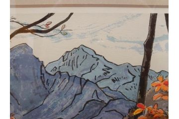 真作　1995年〜1996年　橋本広喜　絵夢工房　サイン入り　「秋の裏磐梯」57/180　「秋の熊野神社」139/150　墨彩画　豊かな自然を感じられるリトグラフ2点セット(風景画、紅葉、山、版画、壁掛け、額装、外箱付き)(R-077923)