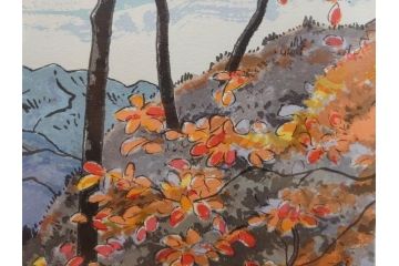 真作　1995年〜1996年　橋本広喜　絵夢工房　サイン入り　「秋の裏磐梯」57/180　「秋の熊野神社」139/150　墨彩画　豊かな自然を感じられるリトグラフ2点セット(風景画、紅葉、山、版画、壁掛け、額装、外箱付き)(R-077923)