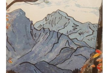 真作　1995年〜1996年　橋本広喜　絵夢工房　サイン入り　「秋の裏磐梯」57/180　「秋の熊野神社」139/150　墨彩画　豊かな自然を感じられるリトグラフ2点セット(風景画、紅葉、山、版画、壁掛け、額装、外箱付き)(R-077923)