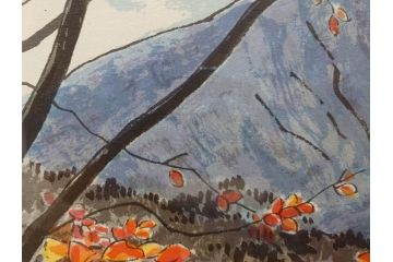 真作　1995年〜1996年　橋本広喜　絵夢工房　サイン入り　「秋の裏磐梯」57/180　「秋の熊野神社」139/150　墨彩画　豊かな自然を感じられるリトグラフ2点セット(風景画、紅葉、山、版画、壁掛け、額装、外箱付き)(R-077923)
