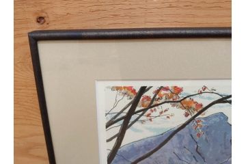 真作　1995年〜1996年　橋本広喜　絵夢工房　サイン入り　「秋の裏磐梯」57/180　「秋の熊野神社」139/150　墨彩画　豊かな自然を感じられるリトグラフ2点セット(風景画、紅葉、山、版画、壁掛け、額装、外箱付き)(R-077923)