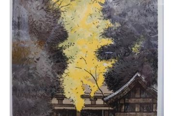 真作　1995年〜1996年　橋本広喜　絵夢工房　サイン入り　「秋の裏磐梯」57/180　「秋の熊野神社」139/150　墨彩画　豊かな自然を感じられるリトグラフ2点セット(風景画、紅葉、山、版画、壁掛け、額装、外箱付き)(R-077923)