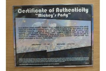真作　三田恒夫　TSUNEO SANDA　ディズニー　「Mickey’s　Party」　限定115/195　WDINT20　ミッキーと仲間たちの賑やかな雰囲気が伝わってくる版画(ジクレー、ジークレー、印刷、額付き、外箱付き)(R-077924)