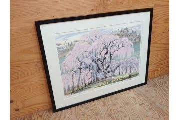 真作　2002年　橋本広喜　絵夢工房　「滝桜」　3/70　サイン入り　墨彩画　春の息吹を感じさせる満開の桜が美しいリトグラフ(版画、額付き、外箱付き)(R-077925)