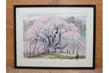 真作　2002年　橋本広喜　絵夢工房　「滝桜」　3/70　サイン入り　墨彩画　春の息吹を感じさせる満開の桜が美しいリトグラフ(版画、額付き、外箱付き)(R-077925)