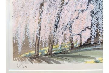 真作　2002年　橋本広喜　絵夢工房　「滝桜」　3/70　サイン入り　墨彩画　春の息吹を感じさせる満開の桜が美しいリトグラフ(版画、額付き、外箱付き)(R-077925)