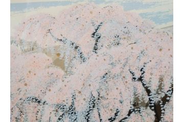 真作　2002年　橋本広喜　絵夢工房　「滝桜」　3/70　サイン入り　墨彩画　春の息吹を感じさせる満開の桜が美しいリトグラフ(版画、額付き、外箱付き)(R-077925)