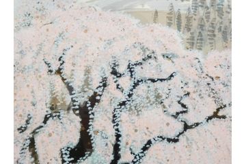 真作　2002年　橋本広喜　絵夢工房　「滝桜」　3/70　サイン入り　墨彩画　春の息吹を感じさせる満開の桜が美しいリトグラフ(版画、額付き、外箱付き)(R-077925)