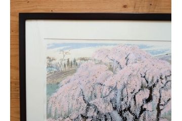 真作　2002年　橋本広喜　絵夢工房　「滝桜」　3/70　サイン入り　墨彩画　春の息吹を感じさせる満開の桜が美しいリトグラフ(版画、額付き、外箱付き)(R-077925)