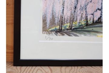 真作　2002年　橋本広喜　絵夢工房　「滝桜」　3/70　サイン入り　墨彩画　春の息吹を感じさせる満開の桜が美しいリトグラフ(版画、額付き、外箱付き)(R-077925)