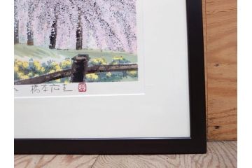 真作　2002年　橋本広喜　絵夢工房　「滝桜」　3/70　サイン入り　墨彩画　春の息吹を感じさせる満開の桜が美しいリトグラフ(版画、額付き、外箱付き)(R-077925)