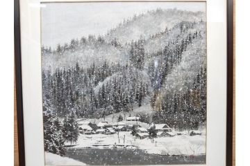 真作　橋本広喜　「冬の集落」　降り積もる山村の雪景色が美しい墨彩画(冬、雪、集落、山、額付き、外箱付き)(R-077926)