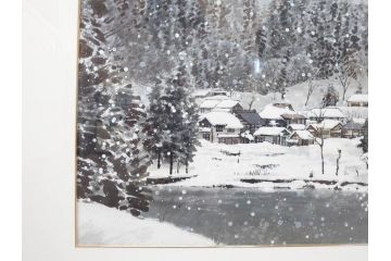 真作　橋本広喜　「冬の集落」　降り積もる山村の雪景色が美しい墨彩画(冬、雪、集落、山、額付き、外箱付き)(R-077926)