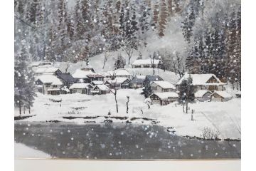 真作　橋本広喜　「冬の集落」　降り積もる山村の雪景色が美しい墨彩画(冬、雪、集落、山、額付き、外箱付き)(R-077926)