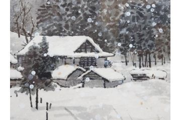 真作　橋本広喜　「冬の集落」　降り積もる山村の雪景色が美しい墨彩画(冬、雪、集落、山、額付き、外箱付き)(R-077926)