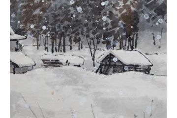 真作　橋本広喜　「冬の集落」　降り積もる山村の雪景色が美しい墨彩画(冬、雪、集落、山、額付き、外箱付き)(R-077926)