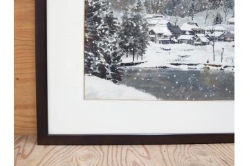 真作　橋本広喜　「冬の集落」　降り積もる山村の雪景色が美しい墨彩画(冬、雪、集落、山、額付き、外箱付き)(R-077926)