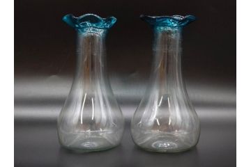 戦前　大正〜昭和初期　昭和レトロ　青フリル　澄んだブルーカラーが素敵なガラス花瓶2個セット(一輪挿し、花入、花器、硝子)(R-077932)